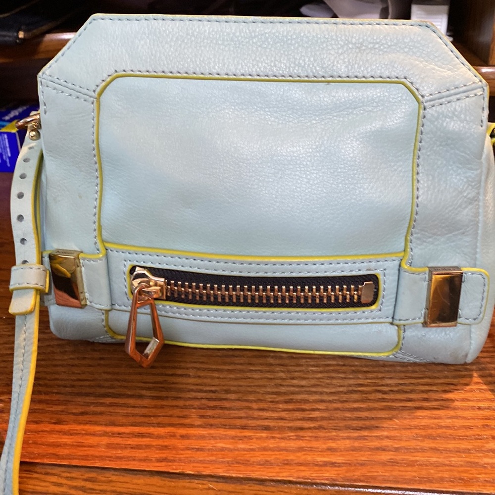 Botkier Light Blue Crossbody Bag w/ Yellow Piping, Zippers & Gold Hardware
